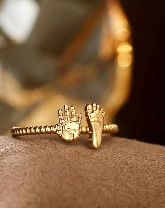 Tiny Impression Ring with Baby Hand & Footprints - 18k Gold